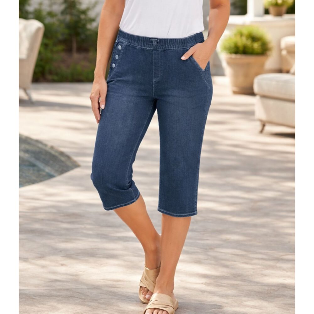 Susan Graver Jeans Size 8 Pull On Denim Capris Stretch Snap Pocket Blue